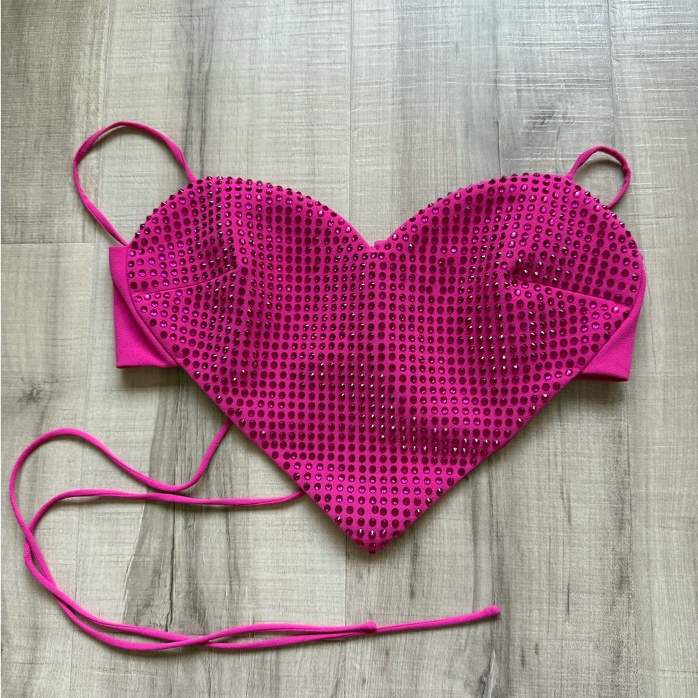 Oh Polly Syrenę Pink Rhinestone Heart Crop Top
